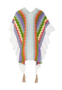 Poncho tricotat cu modele în zigzag și dungi în culorile mov, verde, roșu și alb. Are ciucuri la baza sa și un design cu decolteu în V.