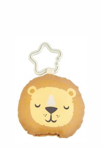 Soft lion-shaped plush toy in light brown with a smiling face, adorned with a star-shaped white clip for easy attachment.