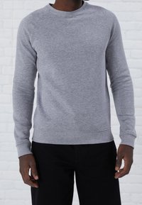 Grå crewneck sweatshirt med raglanärmar, mjuk textur och ribbade mudd. Bärs över svarta byxor mot en vit tegelstenbakgrund.