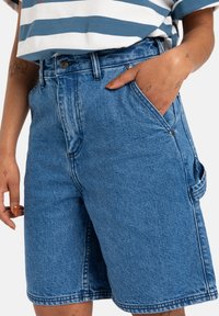 Denim lühikesed püksid, helesinine, lõdva lõikega, küljetaskutega, õmmeldud servaga ja nupuga sulgemisega klassikalise kitseneva kujuga.