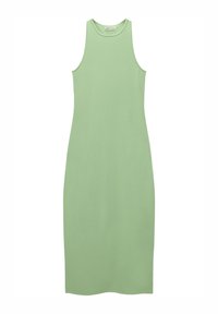 Bez rękawów, jasnoszara sukienka do kostek z okrągłym dekoltem i prostym krojem, wyeksponowana na białym tle.