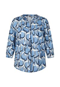 Langärmlige Bluse mit blau-weißen abstrakten Mustern, V-Ausschnitt und Dreiviertelärmeln, lockere Passform und verdeckter Knopfleiste vorne.