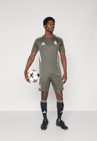 Grå idrettsjersey med lysegrønne detaljer og logo, sammen med matchende shorts. Sorte sokker og fotballsko. Holder en mønstrete fotball.