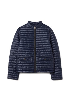 Dunkelblauer Steppjacke mit hohem Kragen, horizontaler Stepptextur, zwei Vordertaschen mit Knopfverschlüssen und einem Frontreißverschluss.