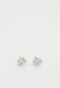 Round stud earrings with clear gemstones, set in a silver-tone metal. Each earring features four prongs holding the stones securely.