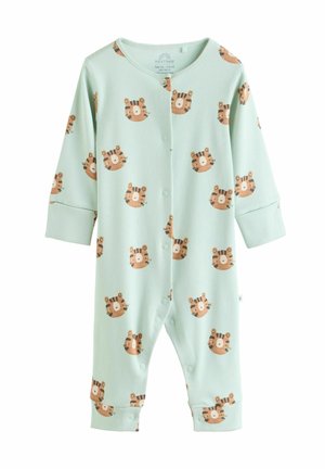 Zeleno rebrast bodi z vsepovsodnim potiskom tigrovih obrazov. Ima dolge rokave, okrogel izrez in zapenjanje na pritrdilne gumbe spredaj.