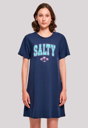 Navy Baumwoll-T-Shirt-Kleid mit kurzen Ärmeln, Rundhalsausschnitt und einem großen "SALTY"-Druck mit Palmenmotiven in Pink und Türkis.