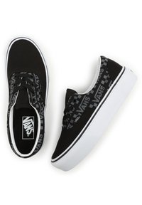 Black canvas sneakers with a white sole, featuring a checkerboard pattern and "VANS" logo in black and white on the side. Laced design.
