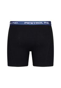 Boxer shorts in cotone nero con un elastico blu in vita che riporta la scritta "PEPETROL IND." Il design presenta una vestibilità aderente e una texture morbida.