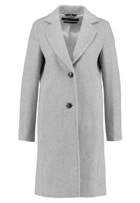 Grijze jas van een wolmix met een belegde kraag, een model met één rij knopen, twee knopen, lange mouwen en een rechte snit. Gevoerd aan de binnenkant.