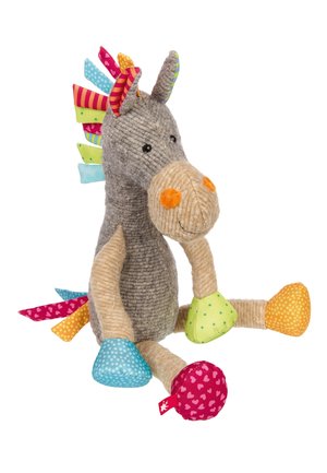 Soft fabric donkey toy with gray body, beige limbs, multicolored hooves, mane, and tail, featuring stitched eyes and orange nose spots.