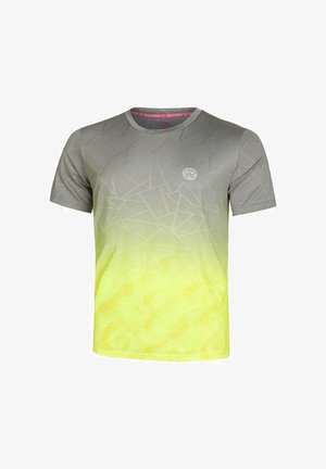 Grijze en gele gradient t-shirt met geometrisch patroon, ronde halslijn, korte mouwen en logo op de borst. Zachte, lichte stof.