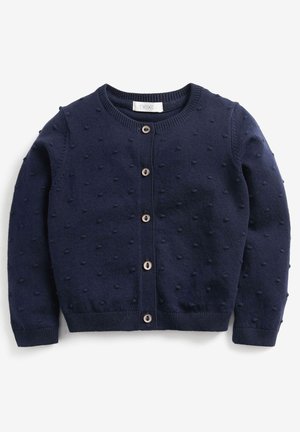 Cardigan bleu marine en maille avec encolure ronde, fermeture à boutons devant, manches longues et petit motif à petites boules texturé.