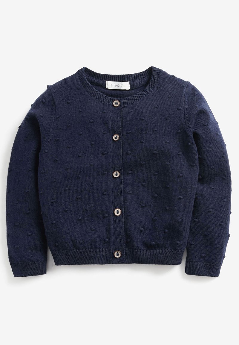 Cardigan bleu marine en maille avec encolure ronde, fermeture à boutons devant, manches longues et petit motif à petites boules texturé.