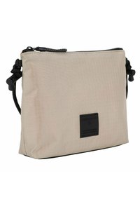Borsa a tracolla beige con tessuto testurizzato, cerniera nera e dettagli in nero, forma rettangolare, con logo applicato sul davanti.