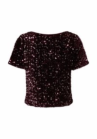 Īsām piedurknēm topiņš tumši burgundijas krāsā ar gludu faktūru, pilnībā pārklāts ar atstarotājiem, ar noapaļotu kakla izgriezumu un īsu apakšu.