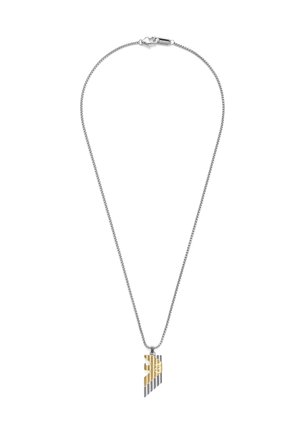 Silver chain necklace featuring a geometric pendant in gold and silver with striped patterns and a central circular detail.