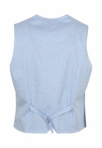 Hellblaue ärmellose Bluse mit einem strukturierten Karomuster. Mit einem Rückverschluss mit Reißverschluss und einem Stoffbanddetail.