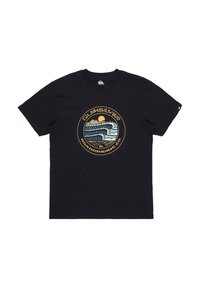 Black t-shirt featuring a round graphic with a stylized wave, sun, and text "Quiksilver Boardriding Co." in multiple colors. Cotton material.