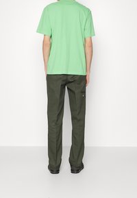 Grön t-shirt med korta ärmar i bomull, kombinerad med mörkgröna raka byxor med sidofickor och bärs med svarta skor.