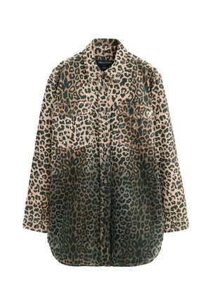 Vihreä-beige leopardikuosiset paitajakku, jossa on kaksi rintataskua, kauluspanta ja rento istuvuus. Pehmeä kangas.