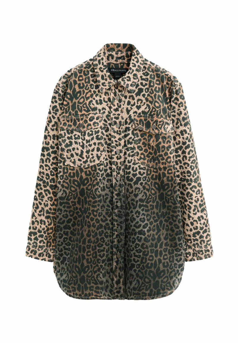 Skjortejakke med leopardprint i grøn og beige, med to brystlommer, krave og en afslappet pasform. Blød stofstruktur.
