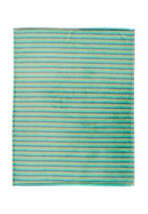 Rectangular fabric with narrow horizontal turquoise and beige stripes, neatly stitched edges, laid flat on a white background.