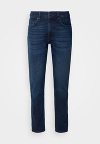 Jeans in denim blu scuro con design a gamba dritta, dotati di cinque tasche, passanti per cintura e chiusura a bottone in vita.