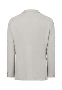 Lichtgrijs blazer gemaakt van een gestructureerde stof. Bevat een uitgesneden kraag, twee achterventilaties en knoopmanchetten. Eenvoudig, tailormade ontwerp.