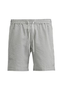 Costumi da bagno a righe bianchi e grigi. Realizzati in tessuto leggero con cintura elastica e cordino per una vestibilità regolabile.
