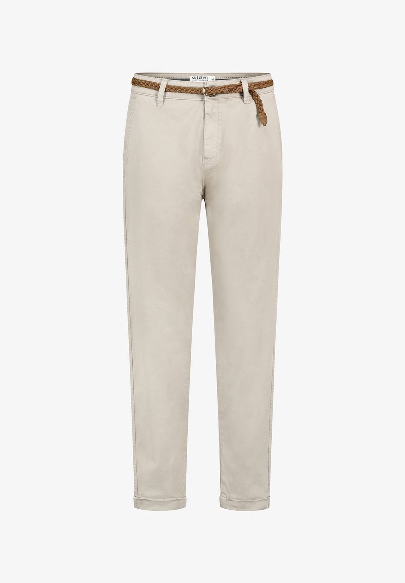 Beige chinos with a braided brown belt, tapered design, two side pockets, and rolled cuffs. Fabric appears smooth with a slight sheen.