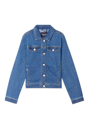 Denim jacket with a classic design, light blue color, button closure, two chest pockets, and contrast stitching. Cropped fit with long sleeves.