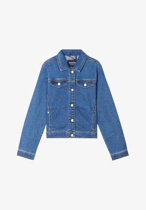 Denim jacket with a classic design, light blue color, button closure, two chest pockets, and contrast stitching. Cropped fit with long sleeves.