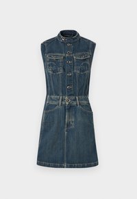 Denim dress with sleeveless design, dark blue color, button front, two chest pockets, and a fitted waist with a flared skirt.