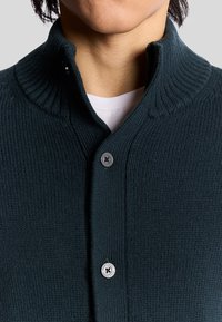 Dunkelgrüner gerippter Strickpullover mit hohem Kragen, ausgestattet mit grauen Knöpfen und einer strukturierten Oberfläche. Über einem weißen Hemd getragen.