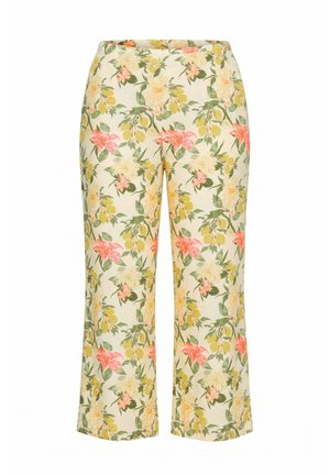 Pantalon à jambes larges avec un fond crème et un motif floral comprenant des fleurs et des feuilles roses, jaunes et vertes sur toute la surface.