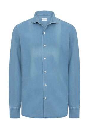 Camicia di jeans a maniche lunghe color azzurro chiaro con colletto classico e bottoni bianchi sul davanti, mostrata su sfondo bianco.