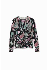 Schwarzer Langarm-Sweatshirt mit mehrfarbigen Blumenmustern, geripptem Kragen und Saum, hergestellt aus einem weichen, strukturierten Stoff.