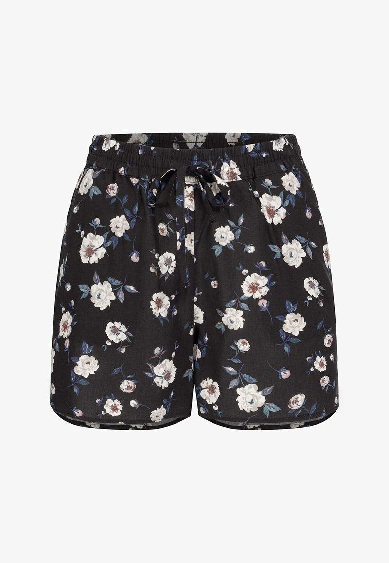 Črne cvetlične kratke hlače z elastičnim pasom, okrašene z belimi in modrimi cvetličnimi vzorci, ter vrvico za prilagajanje pasu.