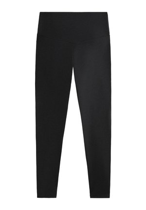 Leggings noirs avec une taille haute, fabriqués à partir d'un tissu extensible. Le design est ajusté et sans coutures, avec une texture lisse.