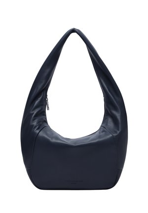Sac à bandoulière en cuir bleu marine en forme de croissant avec fermeture éclair supérieure, conçu pour un usage quotidien.