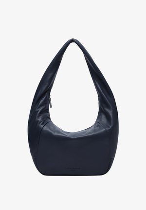 Schoudertas van marineblauw leer met een halvemaanvorm en een ritssluiting aan de bovenkant, ontworpen voor dagelijks gebruik.