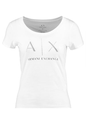 T-shirt bianca in cotone con collo rotondo e maniche corte, presenta 'AIX' in strass argentati sopra 'ARMANI EXCHANGE' in testo nero.