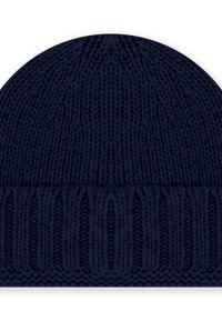 Berretto lavorato a maglia blu navy con risvolto a coste. Presenta una texture morbida e un design della corona senza cuciture. Adatto per essere indossato in climi freddi.