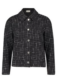 Czarna i biała marynarka w kratkę z długimi rękawami, kołnierzem, przednimi zatrzaskami i prostym, nieco skróconym krojem.