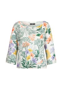 Bloemendruk top met een bootnek en driekwartmouwen. Gemaakt van zachte stof met een lichte, textuurdesign in pastelkleuren.