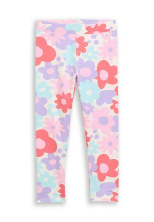 Leggings avec un motif floral coloré en rouge, rose, violet et bleu sur fond clair, fabriqués en coton bio.
