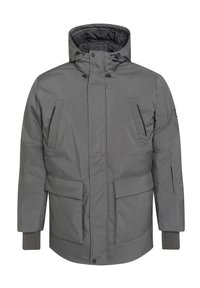 Pilkas izoliuotas džemperis su aukšta apykakle ir reguliuojama kepure. Yra dvi šoninės kišenės ir viena užtraukiama kišenė ant krūtinės.