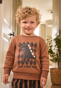 Sweatshirt marron avec un motif de dinosaure en accents noirs et blancs, assorti à un pantalon rayé. Texture douce, coupe décontractée.