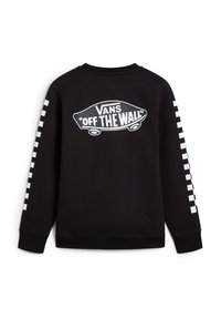 Sudadera negra de algodón con cuello redondo, que presenta un gran gráfico blanco "VANS 'OFF THE WALL'" en la espalda y detalles de tablero de ajedrez en las mangas.